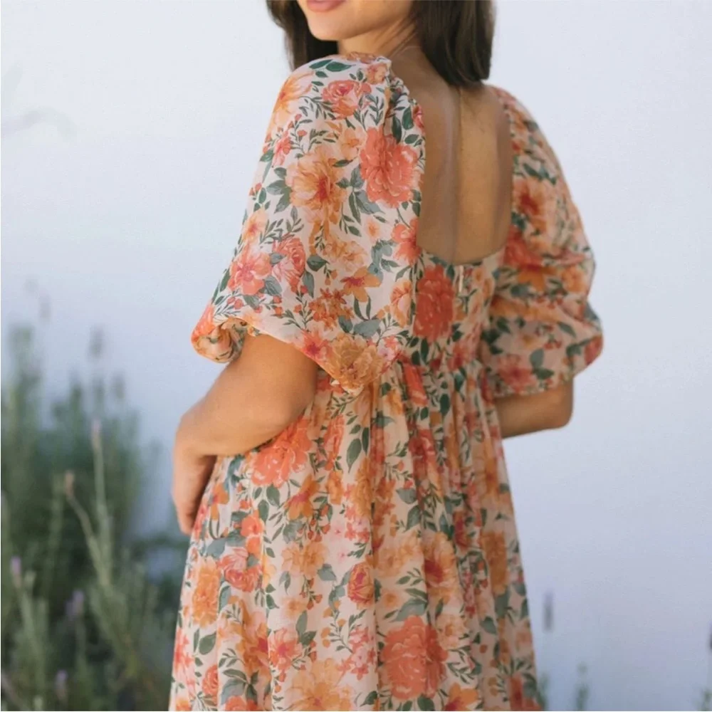 Morning Lavender Women’s Orange Floral Puff Sleeve Baby DollMaxi Dress Size 1XL - Picture 3 of 14